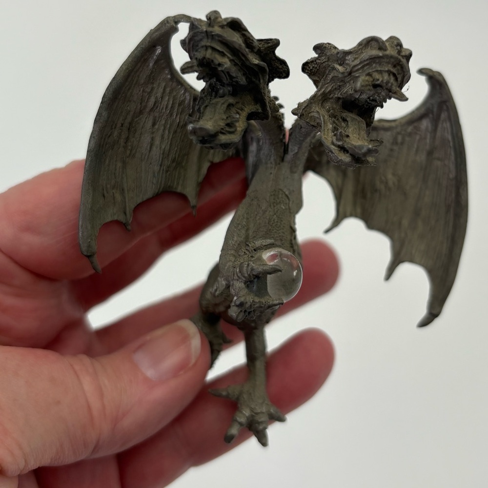 Vintage Two-Headed Dragon Figurine Holding Crystal Ball